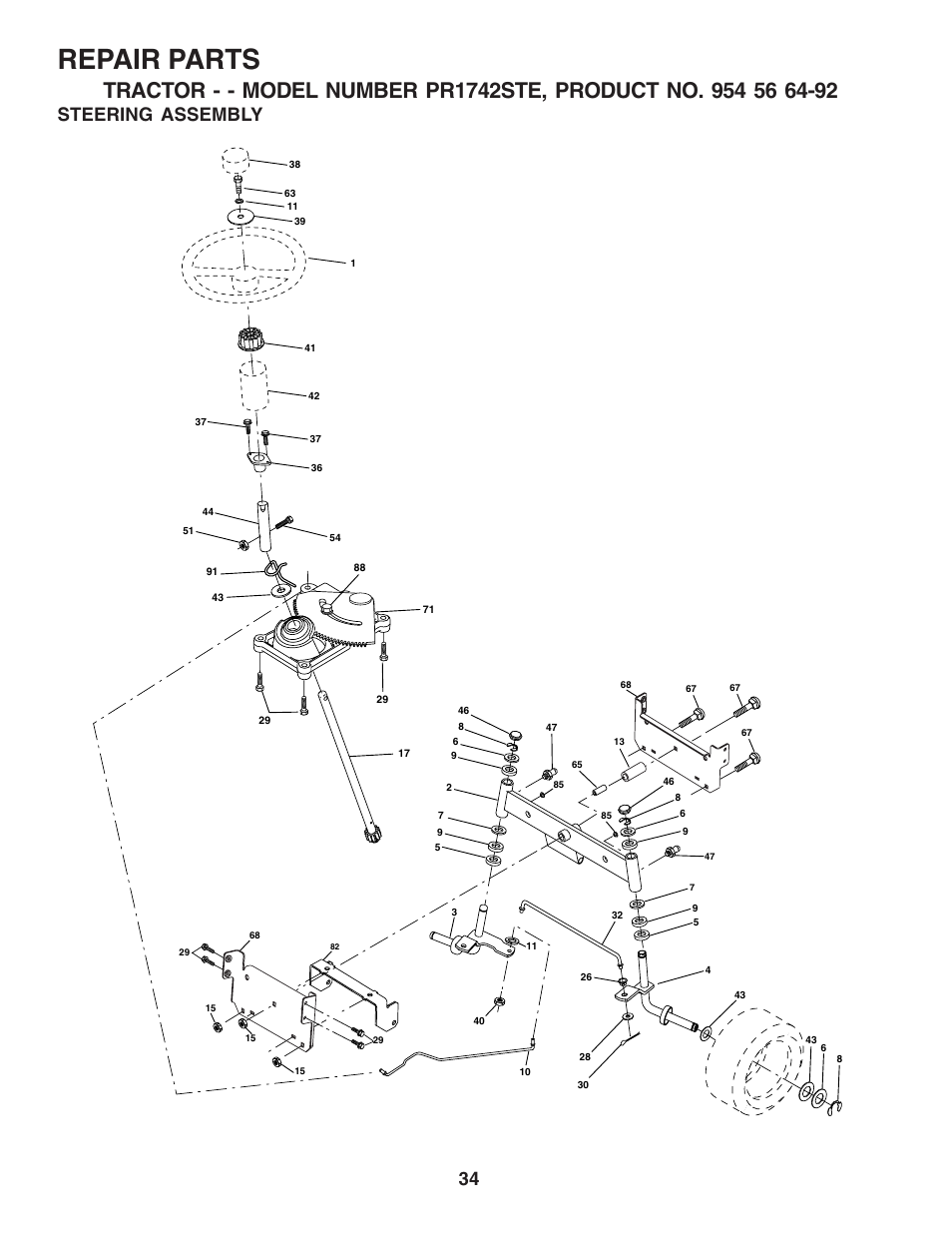 Repair parts, Steering assembly | Poulan 182490 User Manual | Page 34 / 48