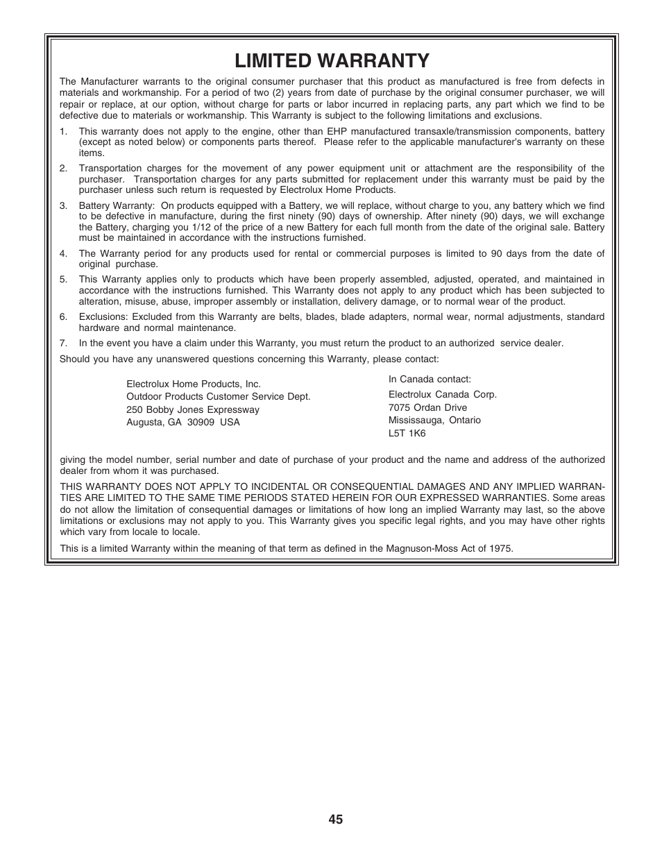 Limited warranty | Poulan 182490 User Manual | Page 45 / 48