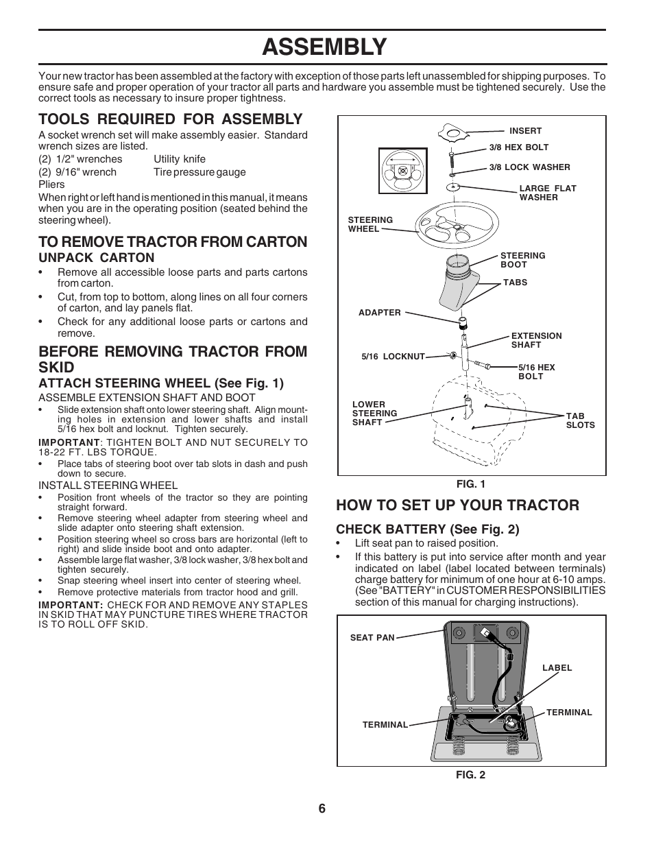 Assembly, Tools required for assembly, Before removing tractor from skid | How to set up your tractor | Poulan 182490 User Manual | Page 6 / 48