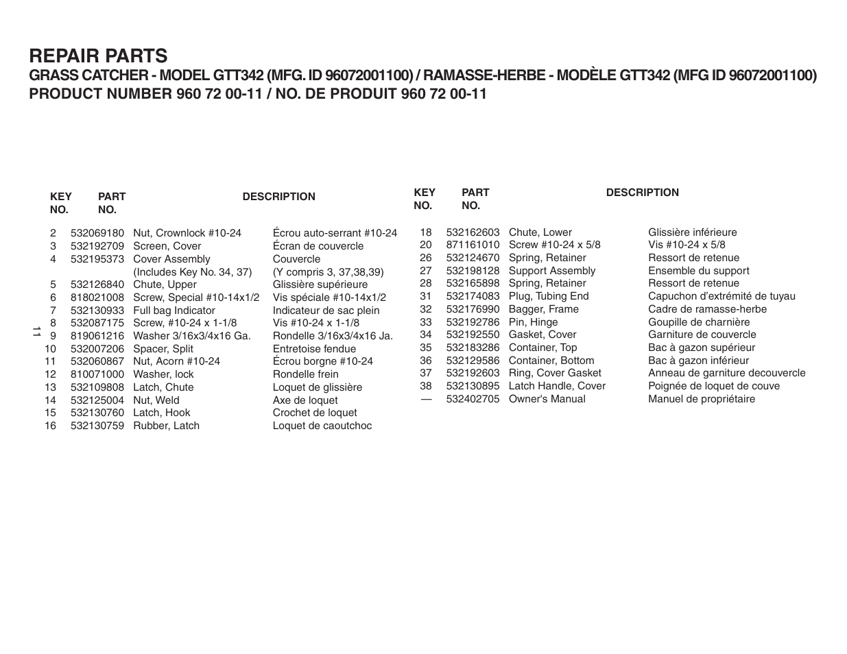 Repair parts | Poulan 532402705 User Manual | Page 11 / 11