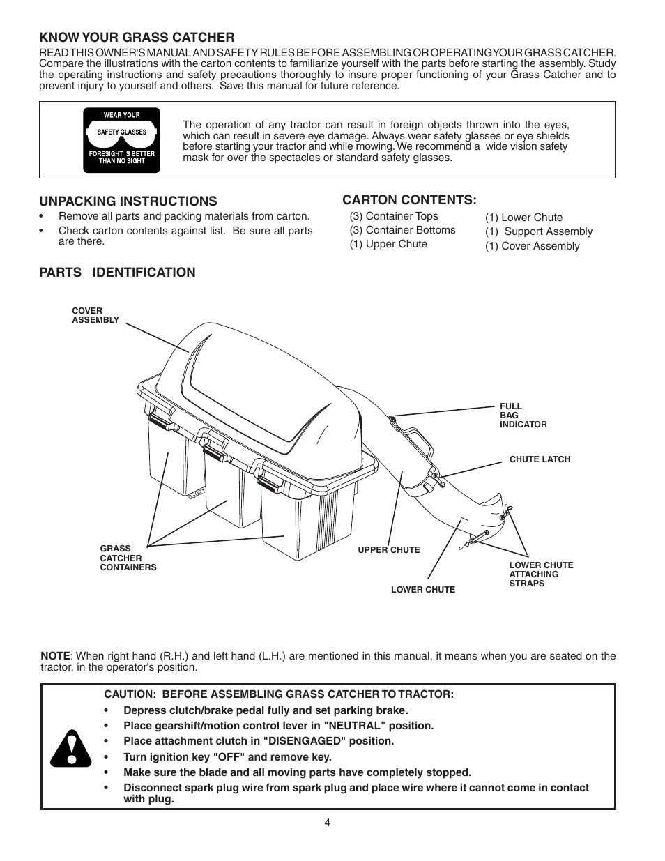 Know your grass catcher, Parts identification, Unpacking instructions | Carton contents | Poulan 532402705 User Manual | Page 4 / 11
