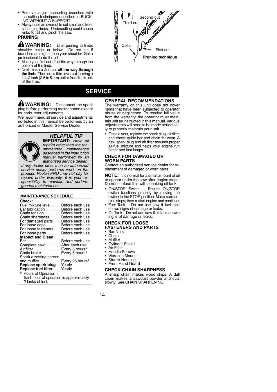Service, Warning, Helpful tip | Poulan Pro PP4218AV User Manual | Page 14 / 20