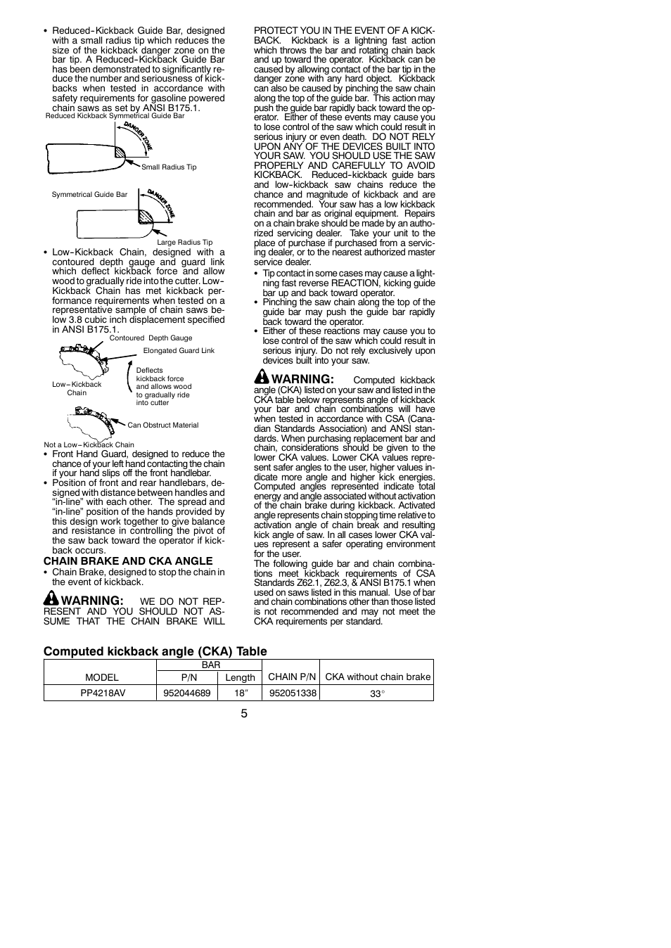 Warning, Computed kickback angle (cka) table | Poulan Pro PP4218AV User Manual | Page 5 / 20