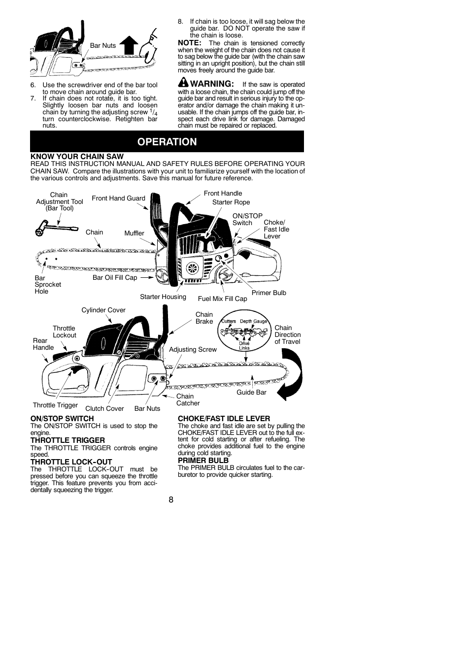 Operation, Warning | Poulan Pro PP4218AV User Manual | Page 8 / 20