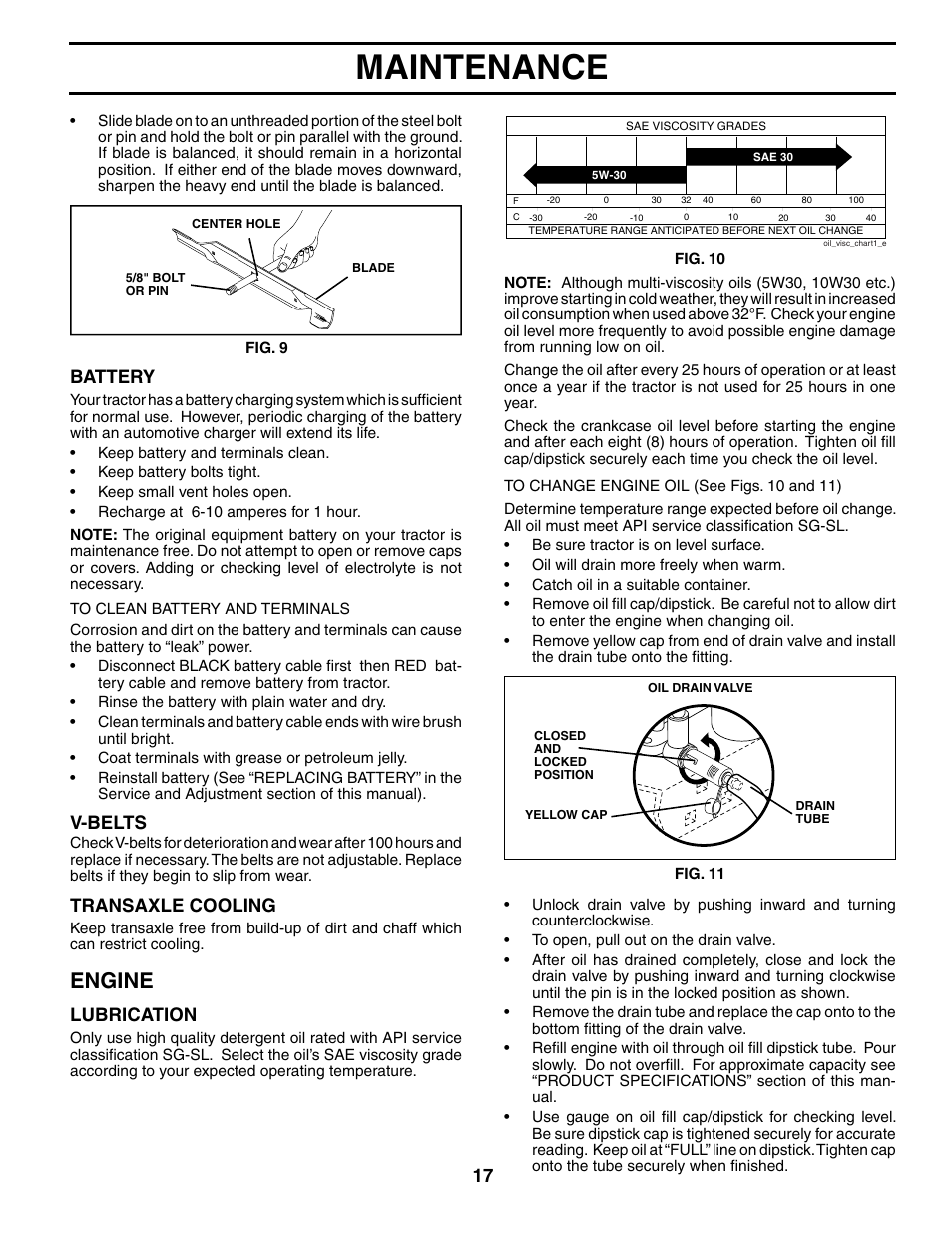 Maintenance, Engine, Battery | V-belts, Transaxle cooling, Lubrication | Poulan 194598 User Manual | Page 17 / 30