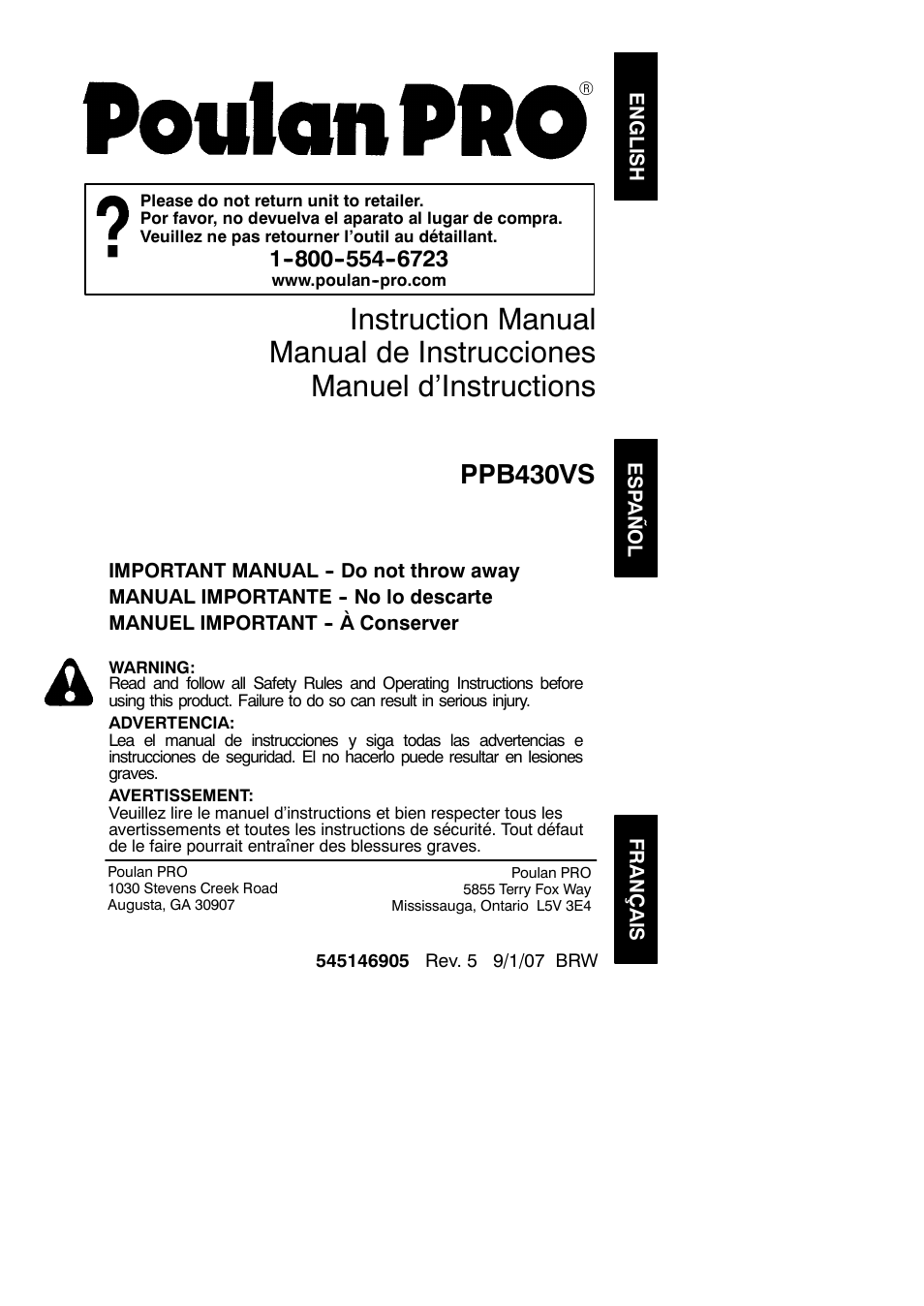 Poulan Pro PPB430VS User Manual | 14 pages