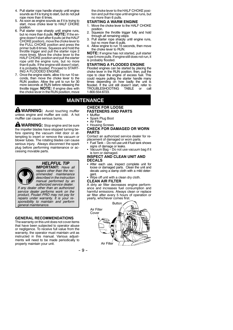 Maintenance, Warning, Helpful tip | Poulan Pro PPB430VS User Manual | Page 9 / 14