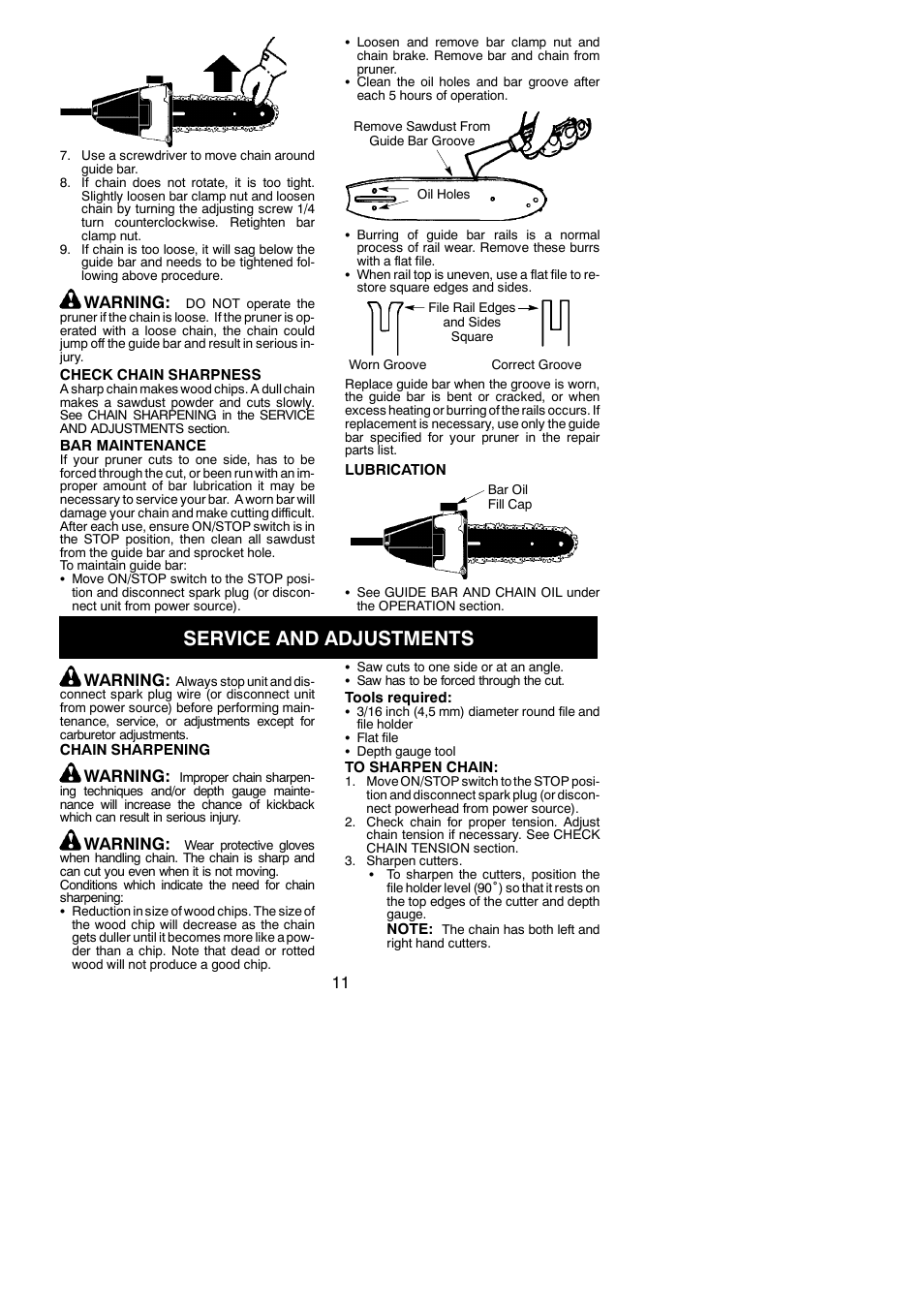 Service and adjustments, Warning | Poulan PPB5500P User Manual | Page 11 / 14