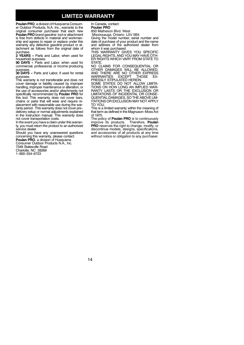 Limited warranty | Poulan PPB5500P User Manual | Page 14 / 14
