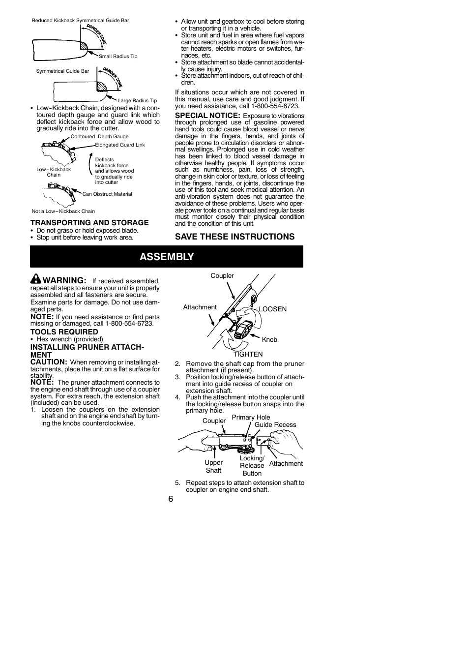 Assembly, Save these instructions, Warning | Poulan PPB5500P User Manual | Page 6 / 14