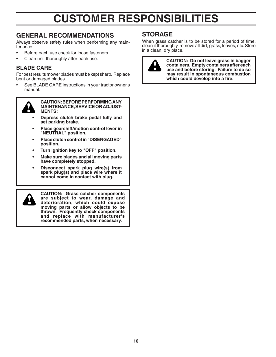 Customer responsibilities, Storage, General recommendations | Poulan QC38B User Manual | Page 10 / 13