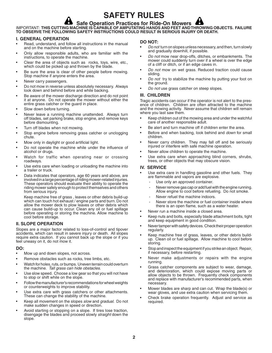 Safety rules, Safe operation practices for ride-on mowers | Poulan QC38B User Manual | Page 2 / 13