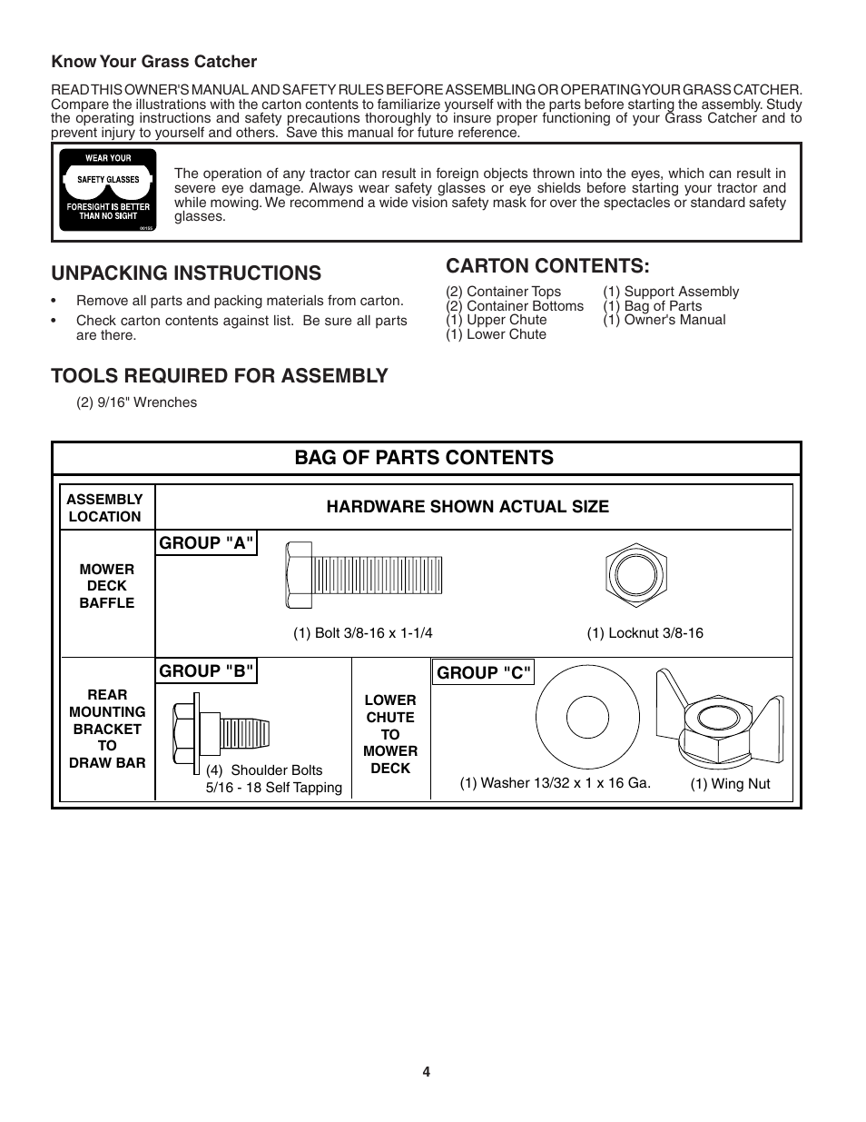 Unpacking instructions, Carton con tents, Bag of parts contents | Tools required for assembly | Poulan QC38B User Manual | Page 4 / 13