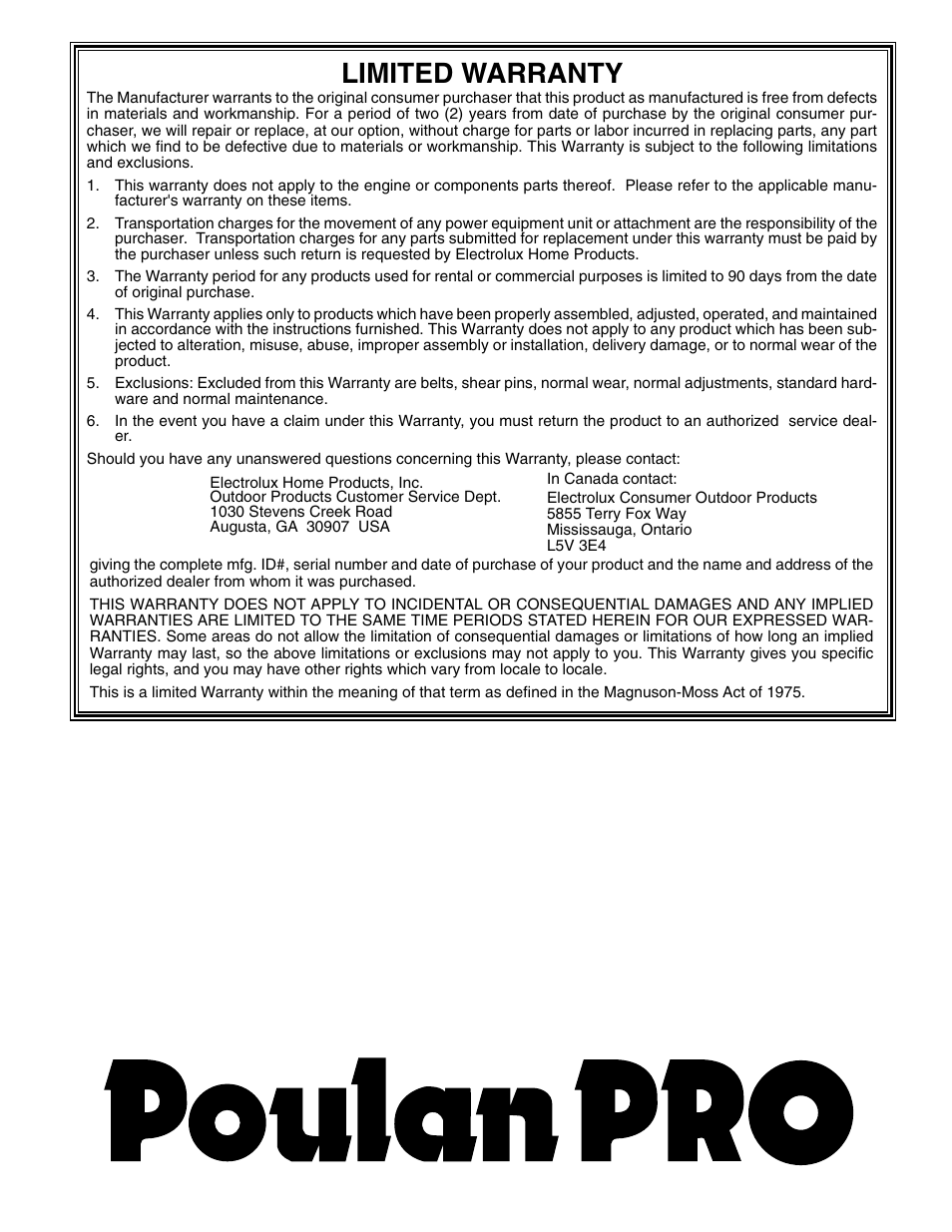 Limited warranty | Poulan 96192000301 User Manual | Page 20 / 20