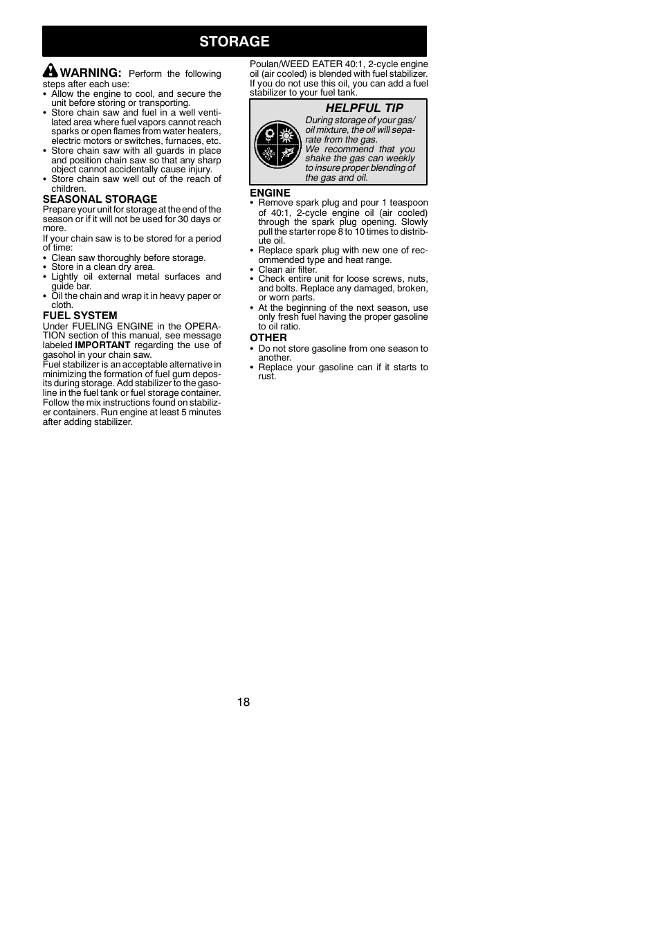 Storage, Warning, Helpful tip | Poulan 115156426 User Manual | Page 18 / 21