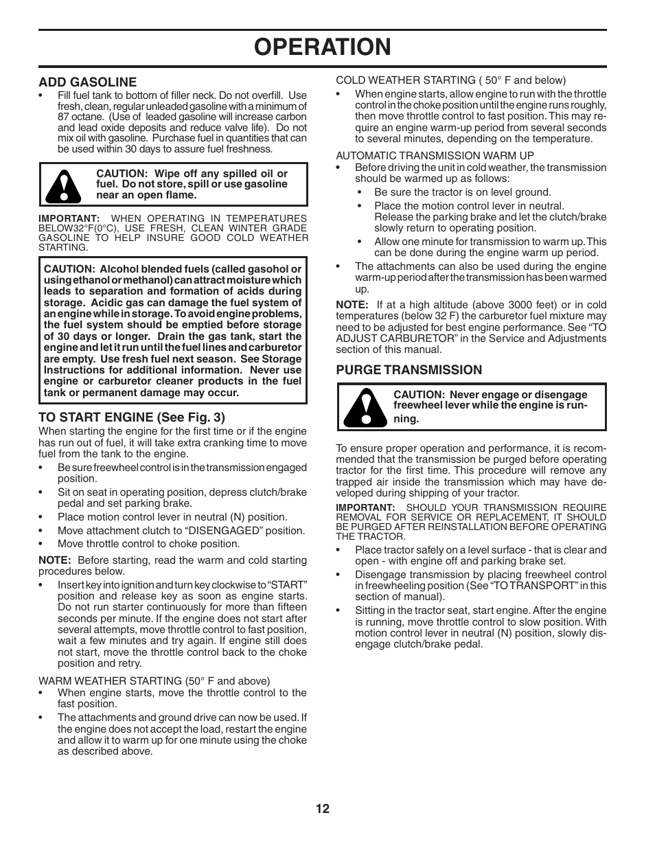 Operation | Poulan Pro PB20H42YT LAWN TRACTOR User Manual | Page 12 / 30