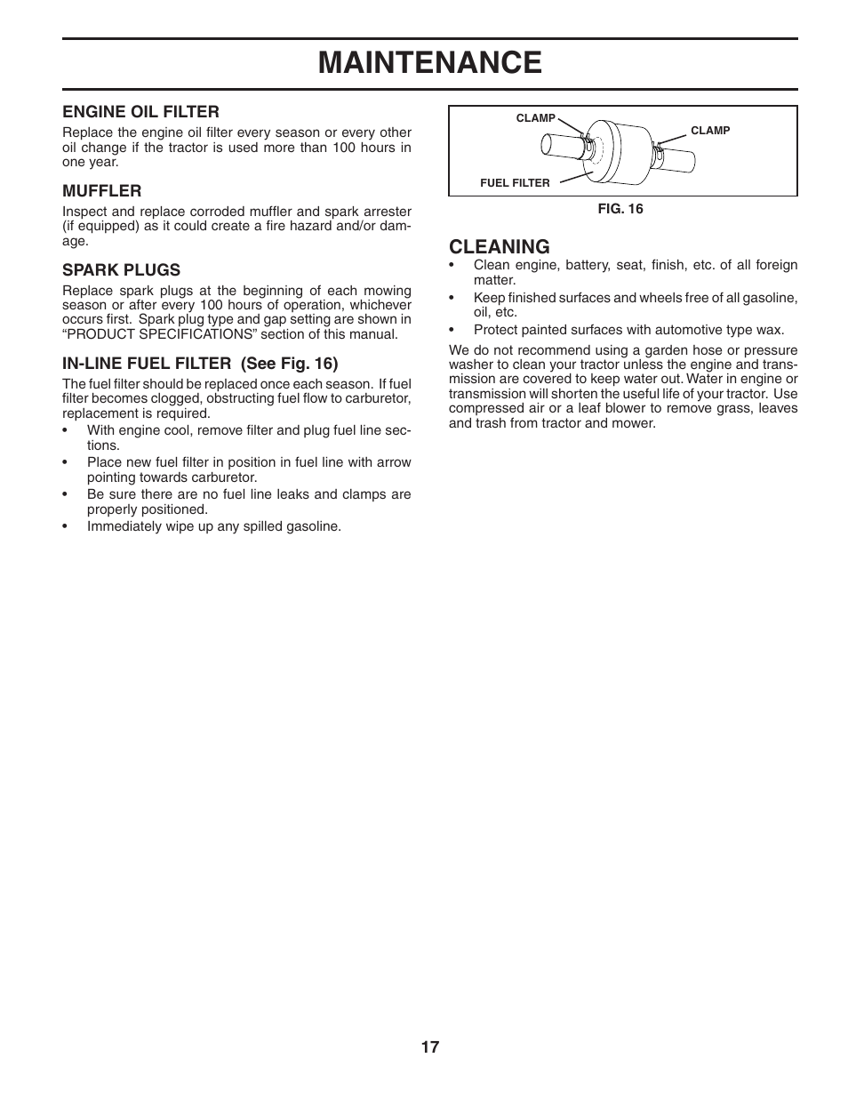 Maintenance, Cleaning | Poulan Pro PB20H42YT LAWN TRACTOR User Manual | Page 17 / 30