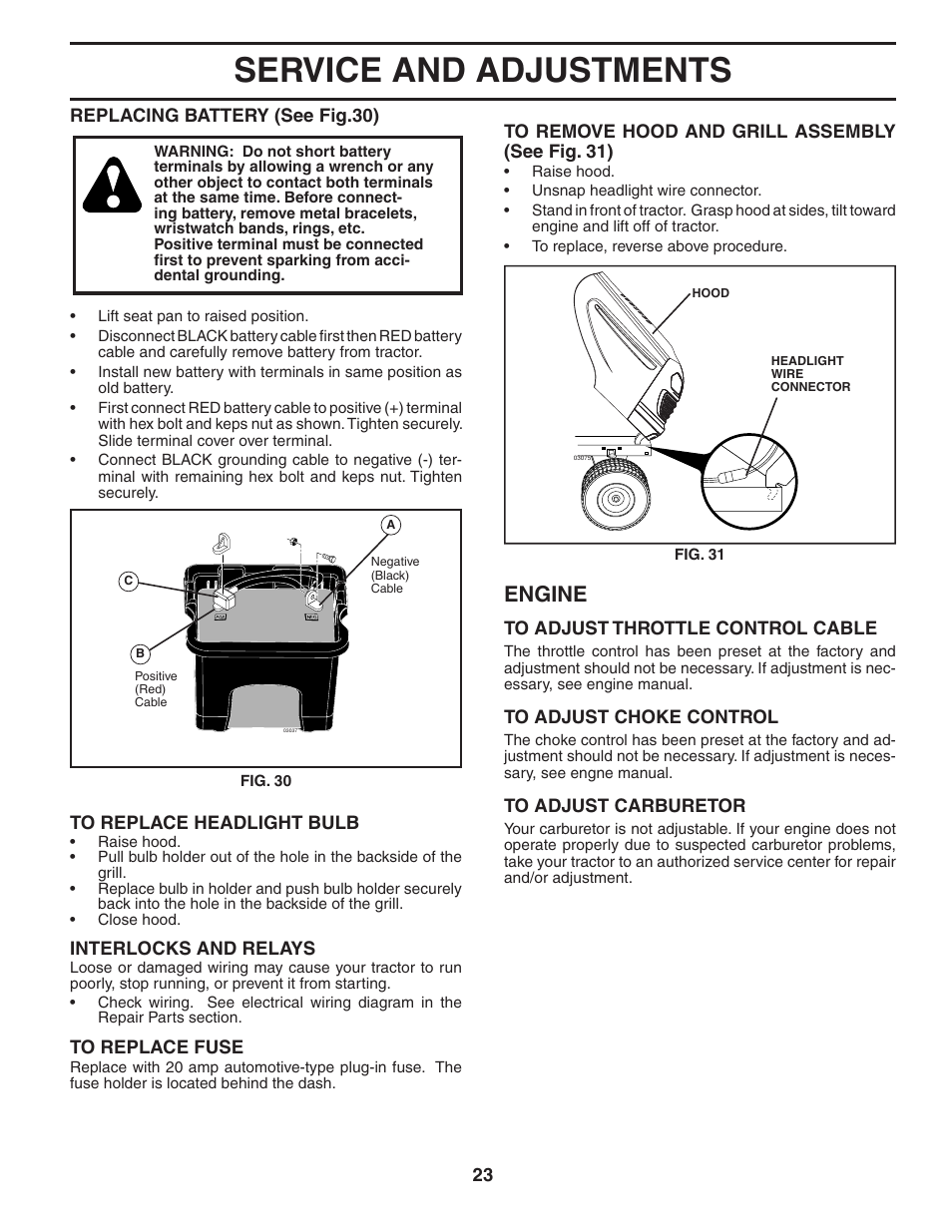 Service and adjustments, Engine | Poulan Pro PB20H42YT LAWN TRACTOR User Manual | Page 23 / 30