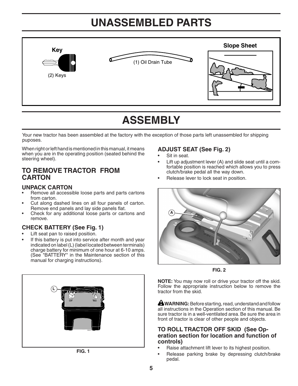 Unassembled parts, Assembly | Poulan Pro PB20H42YT LAWN TRACTOR User Manual | Page 5 / 30