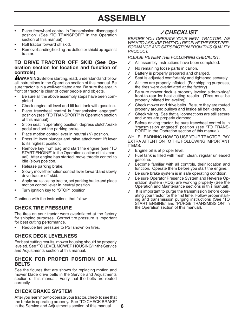 Assembly, Checklist | Poulan Pro PB20H42YT LAWN TRACTOR User Manual | Page 6 / 30