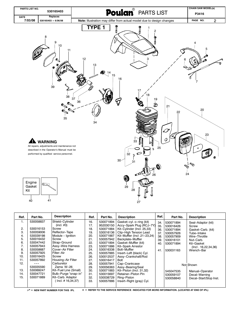 Paramount parts list, Weed eater parts list, Poulan parts list | Parts list, Type 1 | Poulan 530165403 User Manual | Page 2 / 3