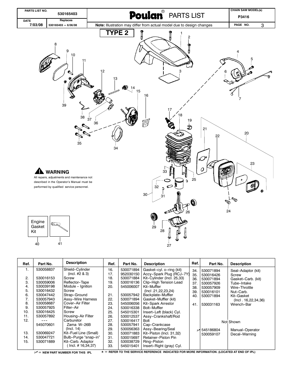 Paramount parts list, Weed eater parts list, Poulan parts list | Parts list, Type 2 | Poulan 530165403 User Manual | Page 3 / 3