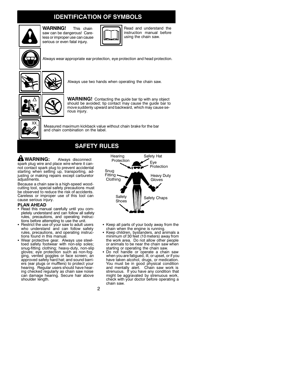 Identification of symbols, Safety rules | Poulan PRO 220 User Manual | Page 2 / 17