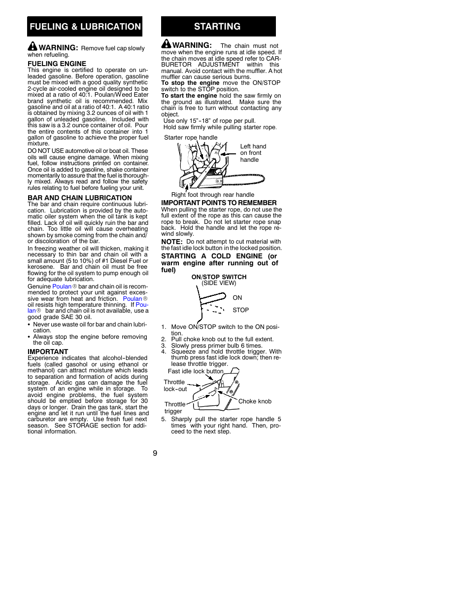 Starting, Fueling & lubrication | Poulan 2350 User Manual | Page 9 / 17