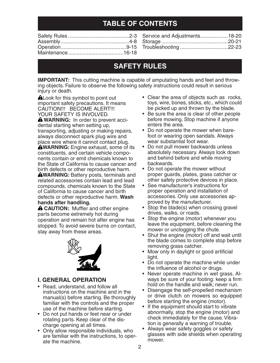 Safety rules table of contents | Poulan 172782 User Manual | Page 2 / 24