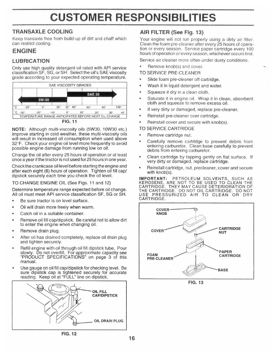 Iraisaitr i-ooling, Lubrication, Air filter (see fig. 13) | Customer responsibilities, Fig. 13) | Poulan 168301 User Manual | Page 14 / 42