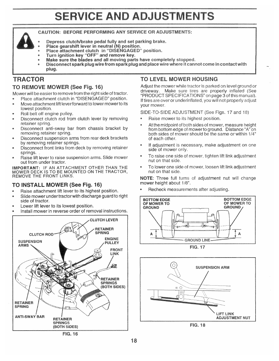 Tractor, To remove mower (see fig. 16), To install mower (see fig. 16) | To level mower housing, Service and adjustments | Poulan 168301 User Manual | Page 16 / 42