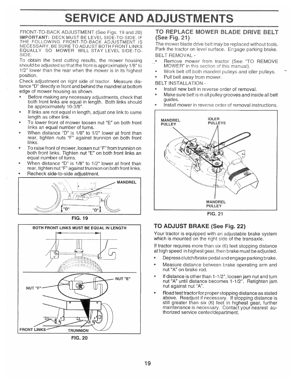 To adjust brake (see fig. 22), Service and adjustments, M>:m | Poulan 168301 User Manual | Page 17 / 42