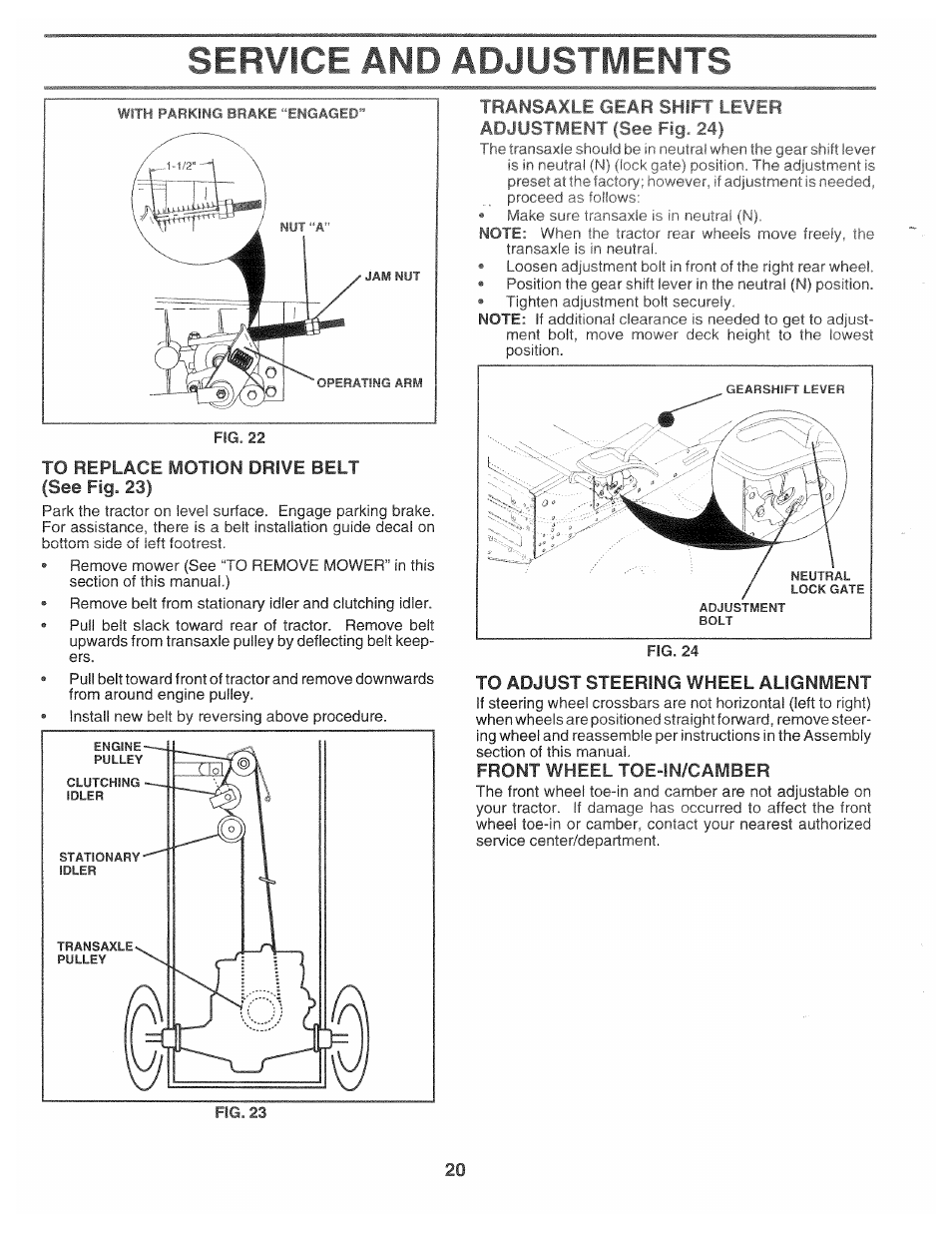 To replace motion drive belt (see fig. 23), To adjust steering wheel alignment, Service and adjustments | Poulan 168301 User Manual | Page 18 / 42