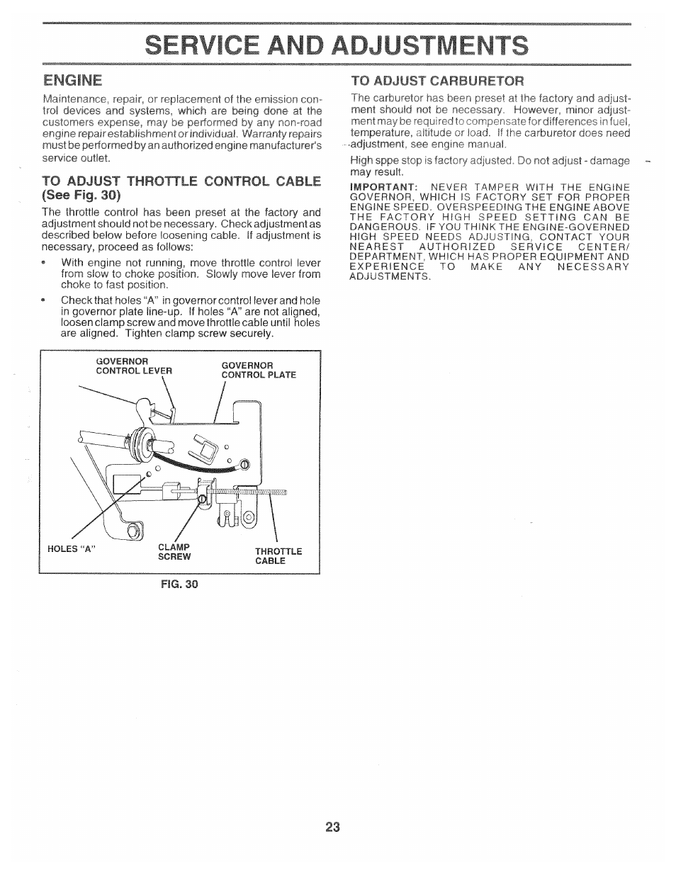 Engine, To adjust throttle control cable (see fig. 30), Service and adjustments | Poulan 168301 User Manual | Page 21 / 42