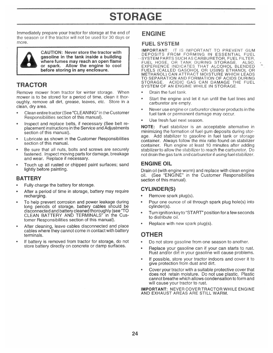 Engine, Tractor, Battery | Engine oil, Cylinder(s), Other, Storage | Poulan 168301 User Manual | Page 22 / 42