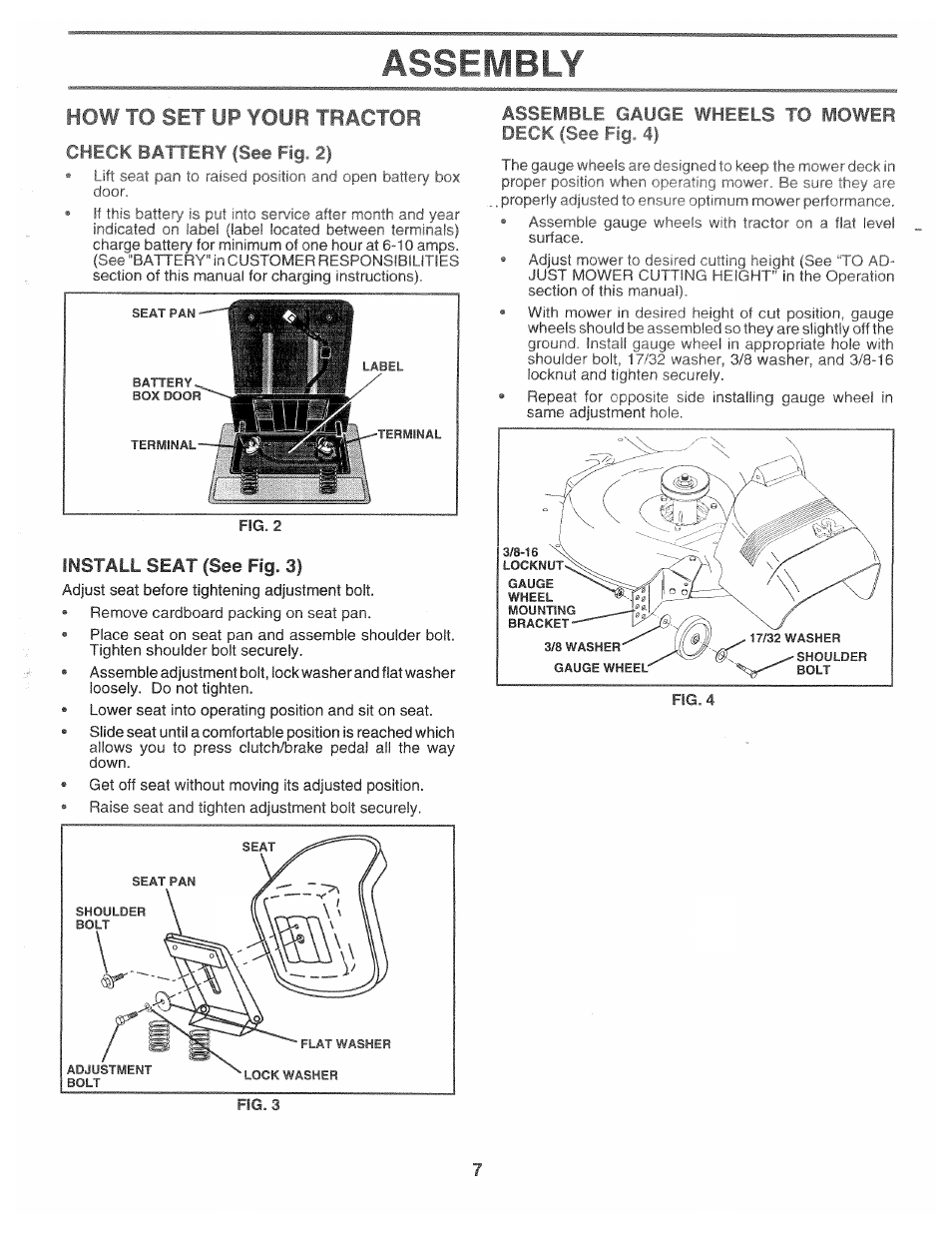 How to set up your tractor, Ba| itfiv (see ^iq s, Install seat (see fig. 3) | Assfpbit (,aijge #hfels tq moweb dfc §■ trc, Assembly | Poulan 168301 User Manual | Page 5 / 42