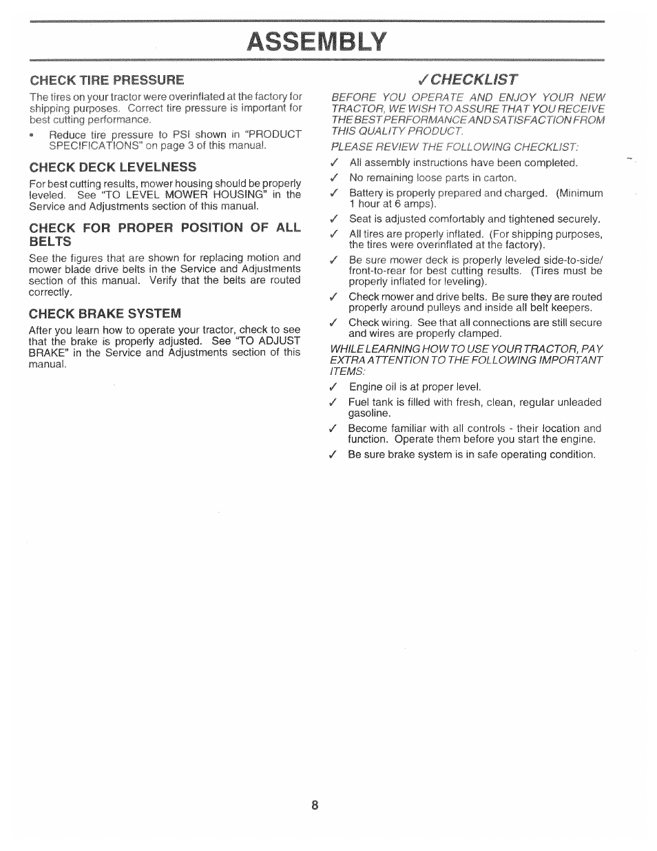 Check tire pressure, Check deck le¥elness, Check for proper position of all belts | Check brake system, Assembly, T checklist | Poulan 168301 User Manual | Page 6 / 42