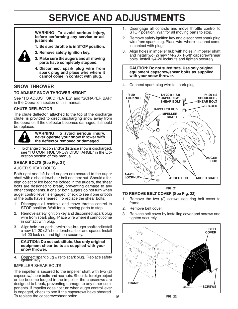 Service and adjustments, Snow thrower | Poulan 96192002000 User Manual | Page 16 / 40