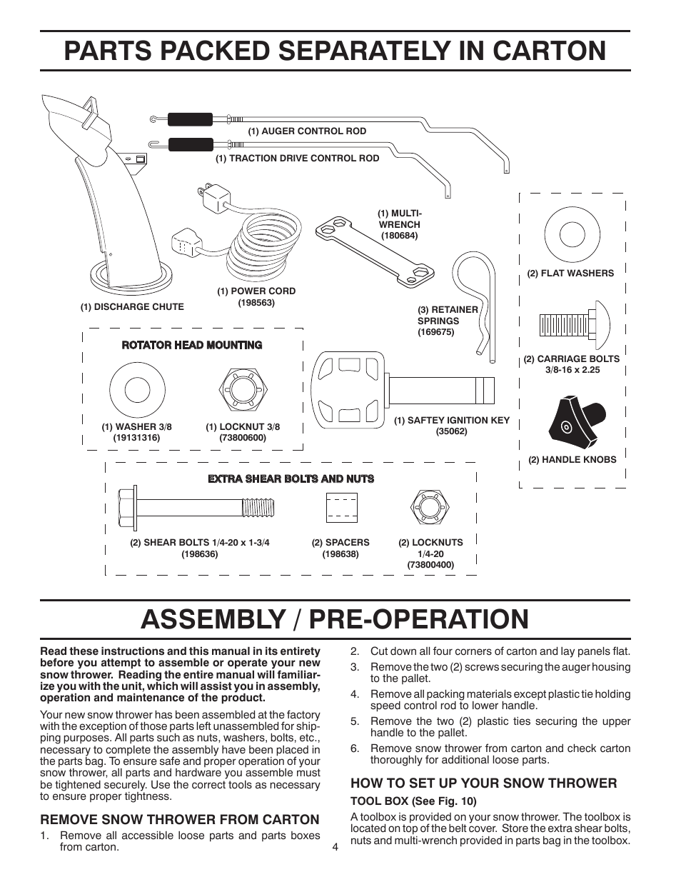 Parts packed separately in carton, Assembly / pre-operation, Remove snow thrower from car ton | How to set up your snow thrower | Poulan 96192002000 User Manual | Page 4 / 40