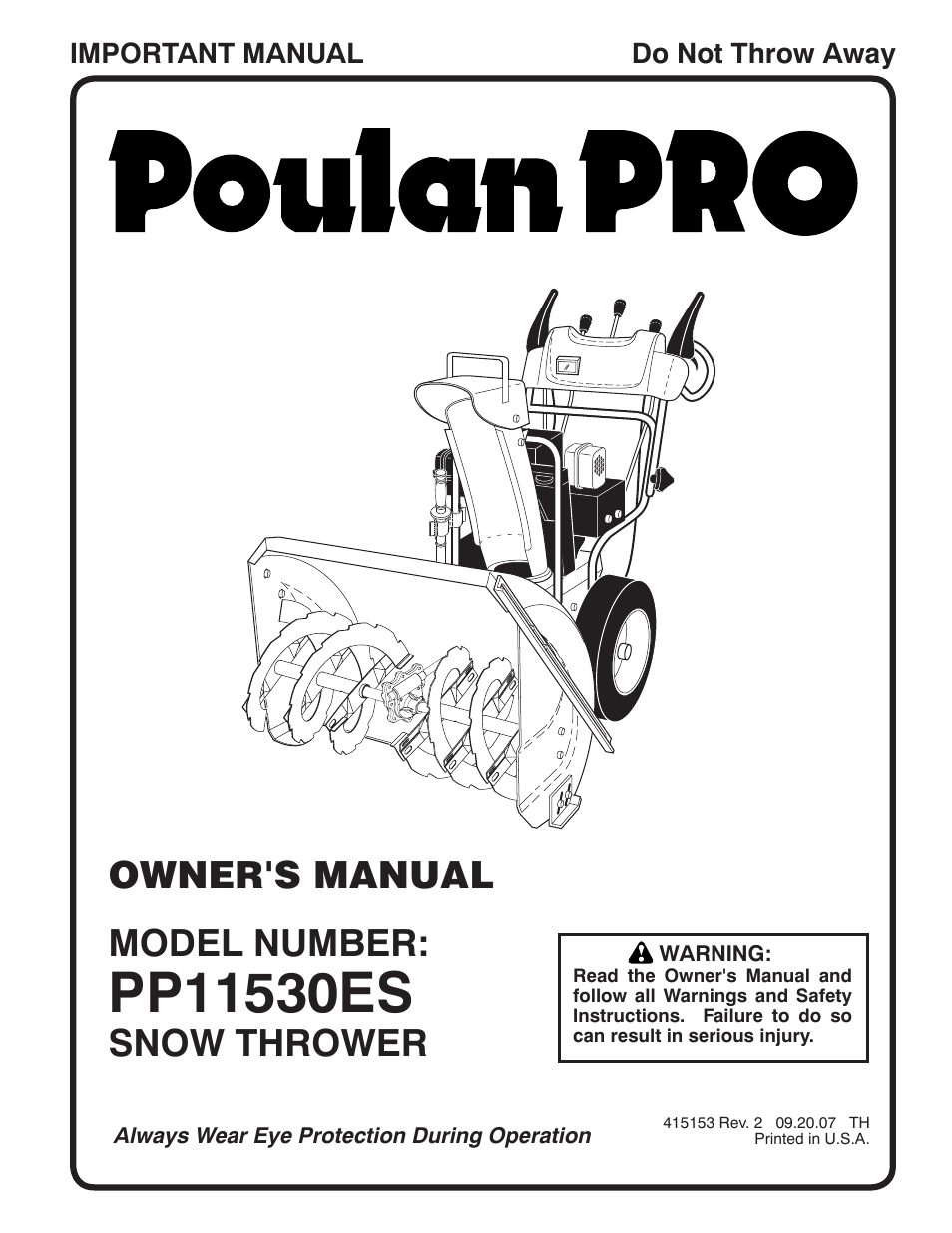 Poulan Pro PP11530ES SNOW THROWER User Manual | 32 pages