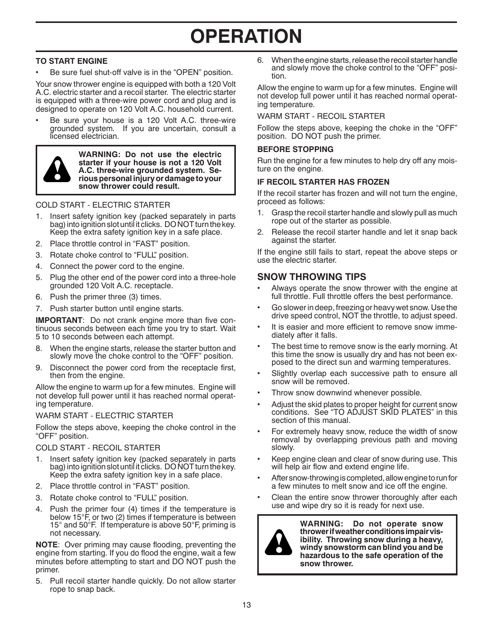 Operation | Poulan Pro PP11530ES SNOW THROWER User Manual | Page 13 / 32