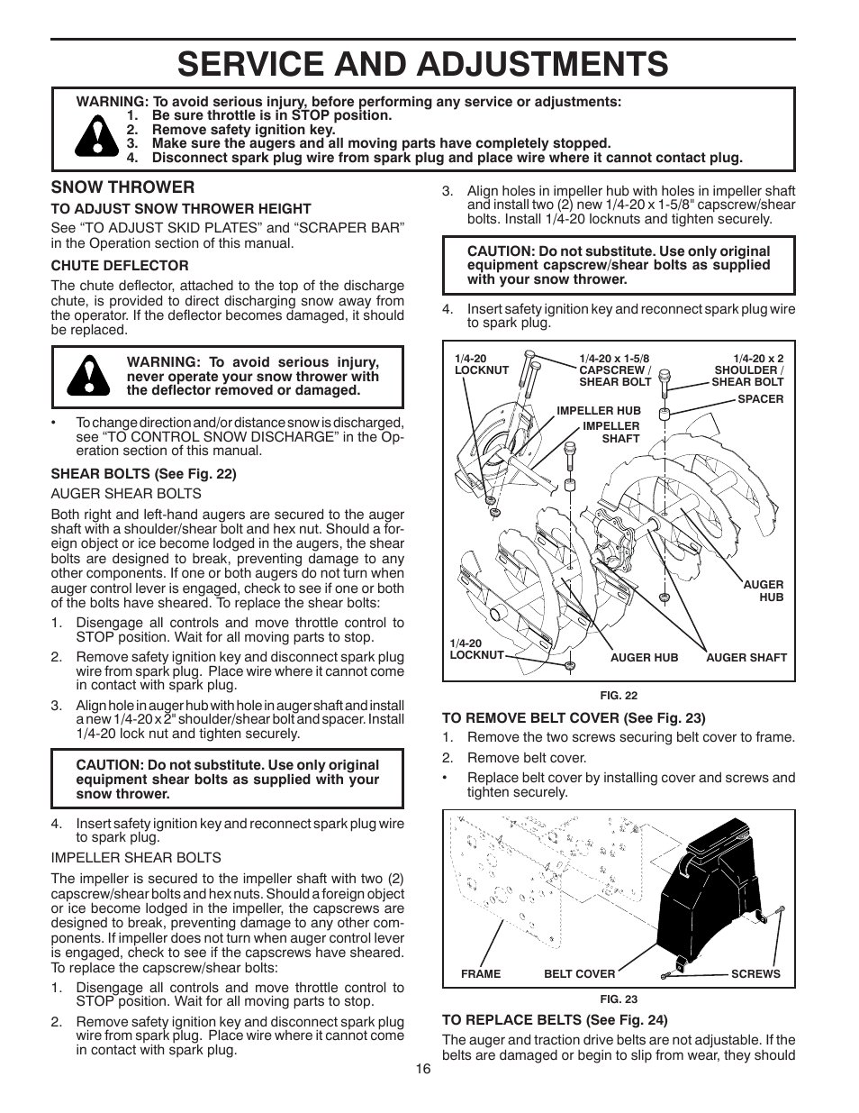 Service and adjustments, Snow thrower | Poulan Pro PP11530ES SNOW THROWER User Manual | Page 16 / 32