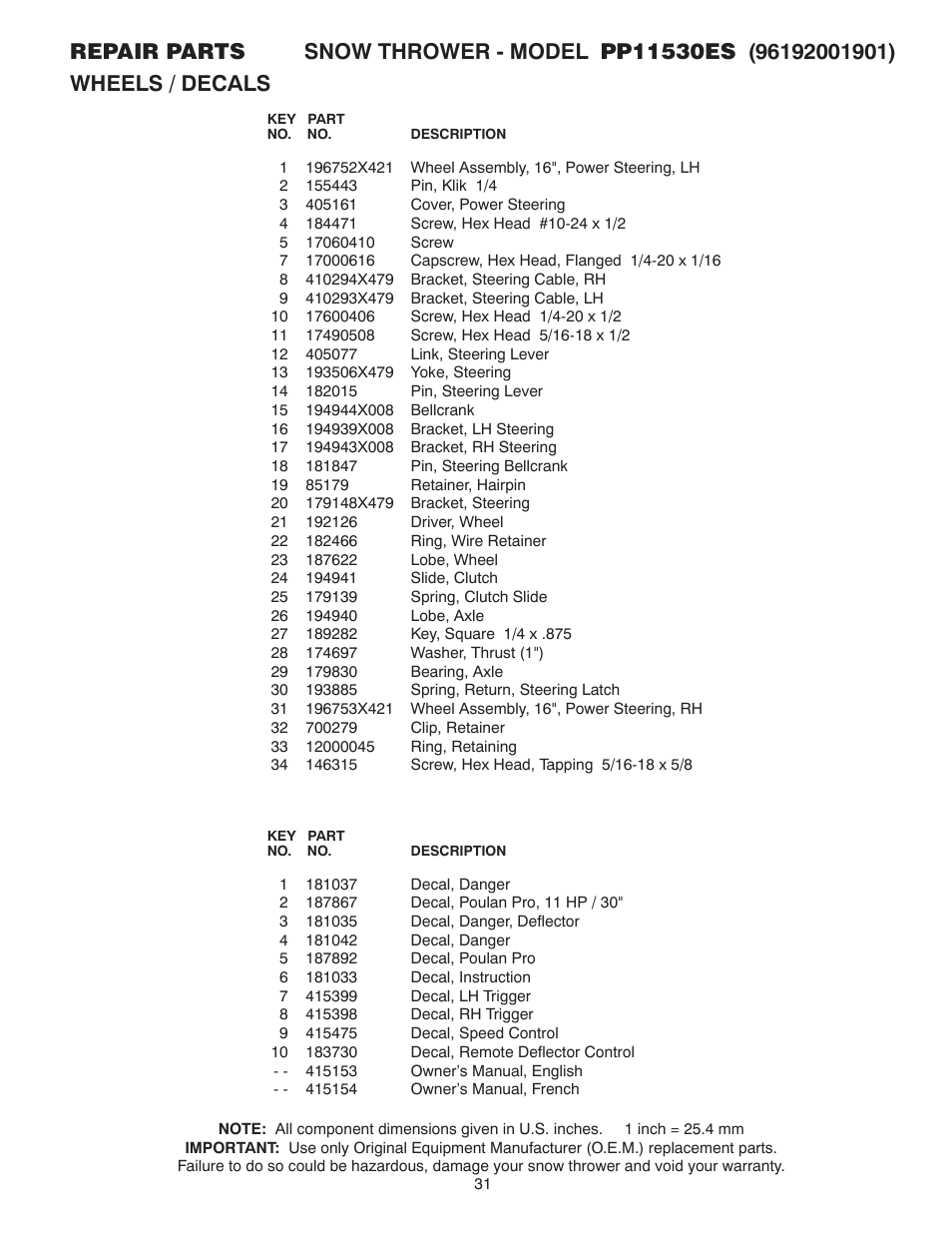 Poulan Pro PP11530ES SNOW THROWER User Manual | Page 31 / 32