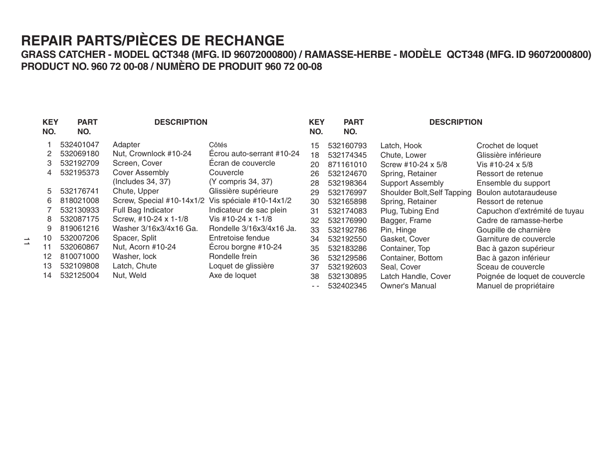 Repair parts/pièces de rechange | Poulan 402345 User Manual | Page 11 / 11