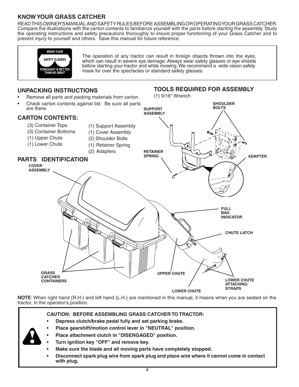 Know your grass catcher, Parts identification unpacking instructions, Carton contents | Tools required for assembly | Poulan 402345 User Manual | Page 4 / 11