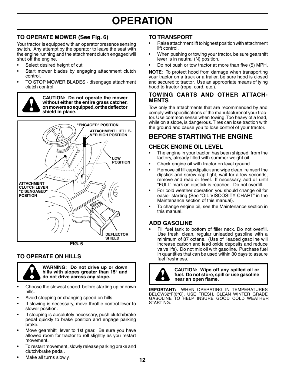 Operation, Before starting the engine | Poulan 186888 User Manual | Page 12 / 48