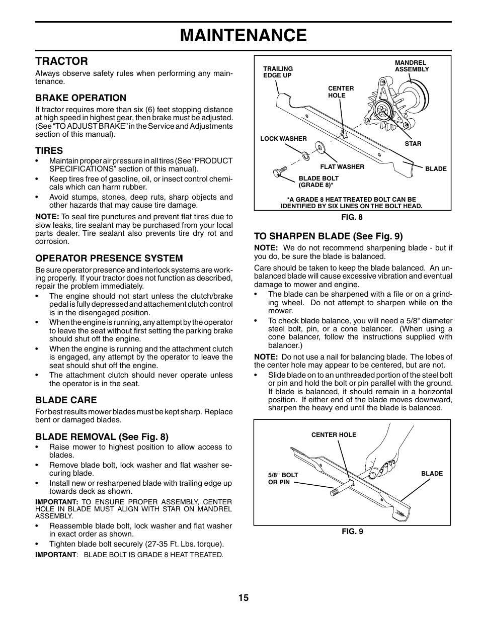 Maintenance, Tractor | Poulan 186888 User Manual | Page 15 / 48