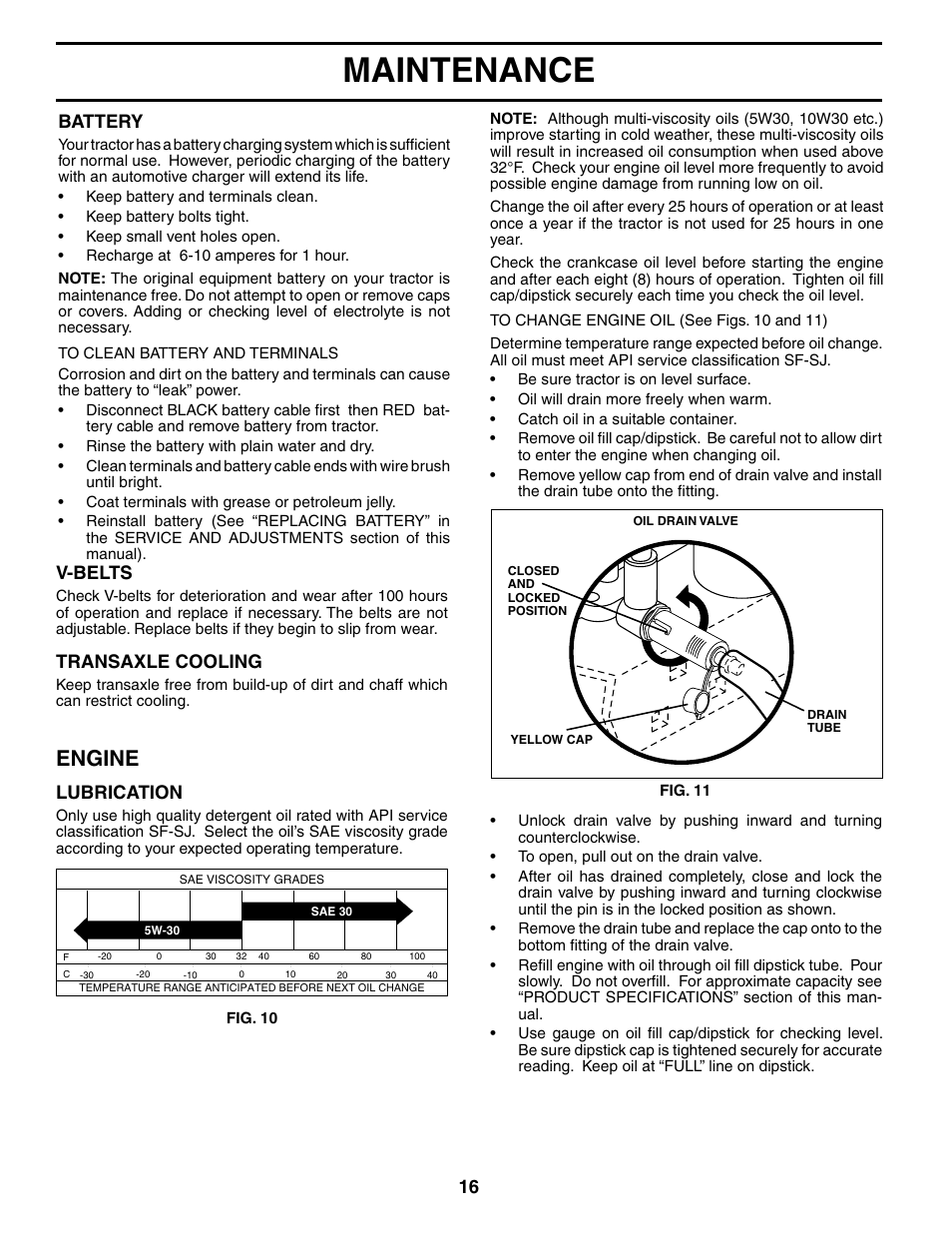 Maintenance, Engine, Lubrication | V-belts, Transaxle cooling, Battery | Poulan 186888 User Manual | Page 16 / 48