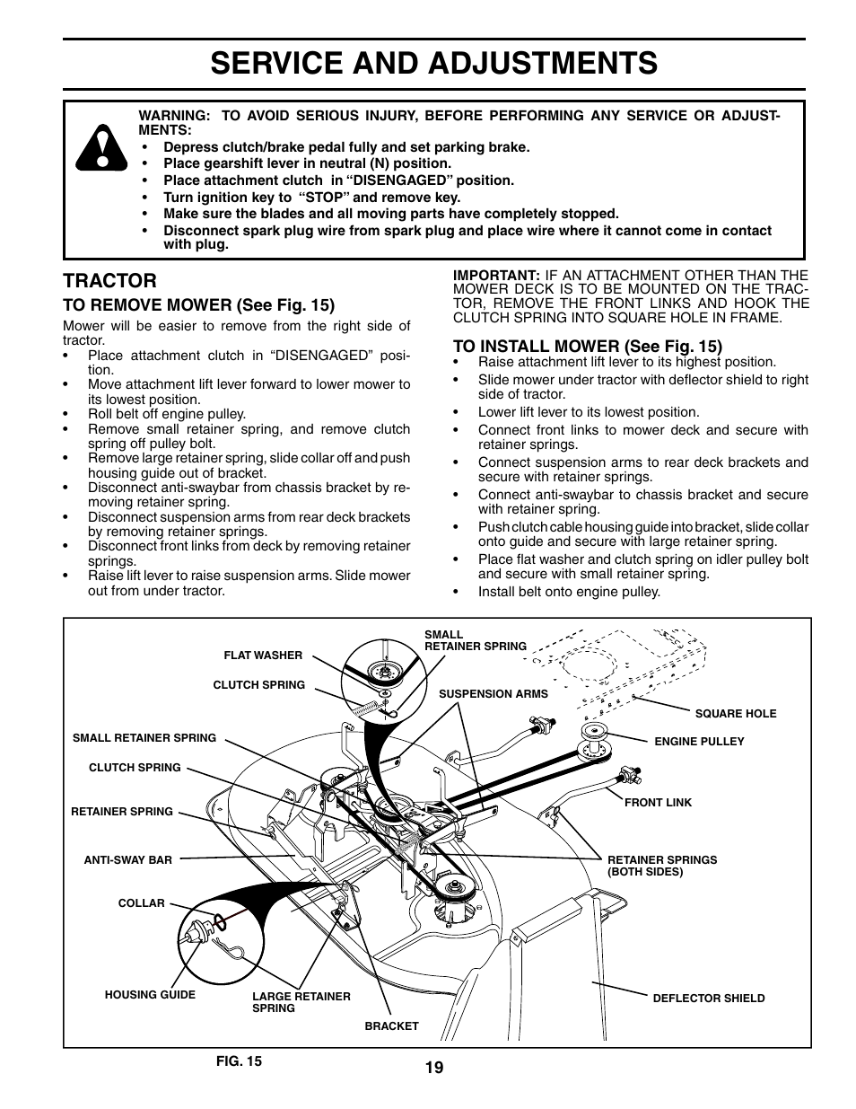 Service and adjustments, Tractor | Poulan 186888 User Manual | Page 19 / 48