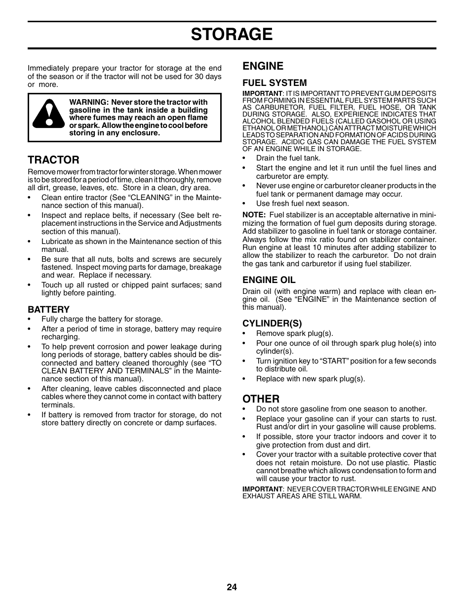 Storage, Tractor, Engine | Other | Poulan 186888 User Manual | Page 24 / 48